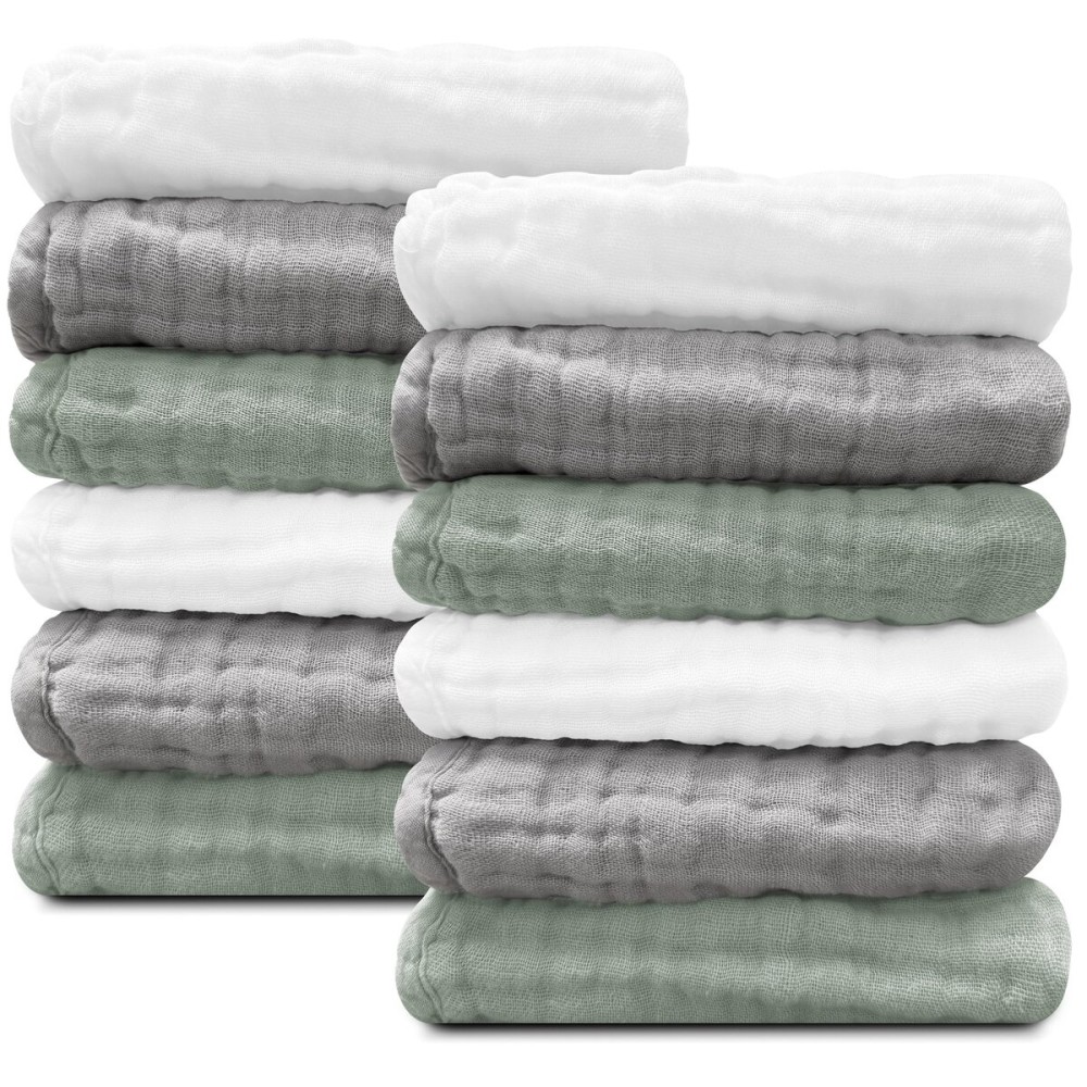 Sunny zzzZZ Baby Muslin Washcloths -100% Cotton Muslin Soft Baby Bath Wash Cloths and Absorbent Burp Cloths for Newborns Kids Girls and Boys -12 Pack, 12x12 Inches - White+Green+Grey