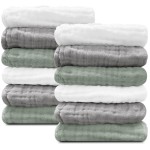 Sunny zzzZZ Baby Muslin Washcloths -100% Cotton Muslin Soft Baby Bath Wash Cloths and Absorbent Burp Cloths for Newborns Kids Girls and Boys -12 Pack, 12x12 Inches - White+Green+Grey
