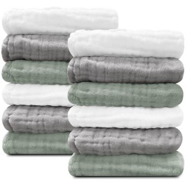 Sunny zzzZZ Baby Muslin Washcloths -100% Cotton Muslin Soft Baby Bath Wash Cloths and Absorbent Burp Cloths for Newborns Kids Girls and Boys -12 Pack, 12x12 Inches - White+Green+Grey