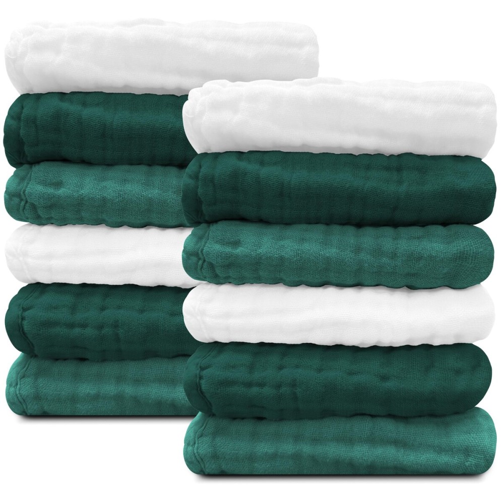 Sunny zzzZZ Baby Muslin Washcloths -100% Cotton Muslin Soft Baby Bath Wash Cloths and Absorbent Burp Cloths for Newborns Kids Girls and Boys -12 Pack, 12x12 Inches - White+Deep Emerald Series