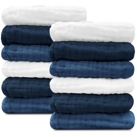 Sunny zzzZZ Baby Muslin Washcloths -100% Cotton Muslin Soft Baby Bath Wash Cloths and Absorbent Burp Cloths for Newborns Kids Girls and Boys -12 Pack, 12x12 Inches - White+Deep Navy Series