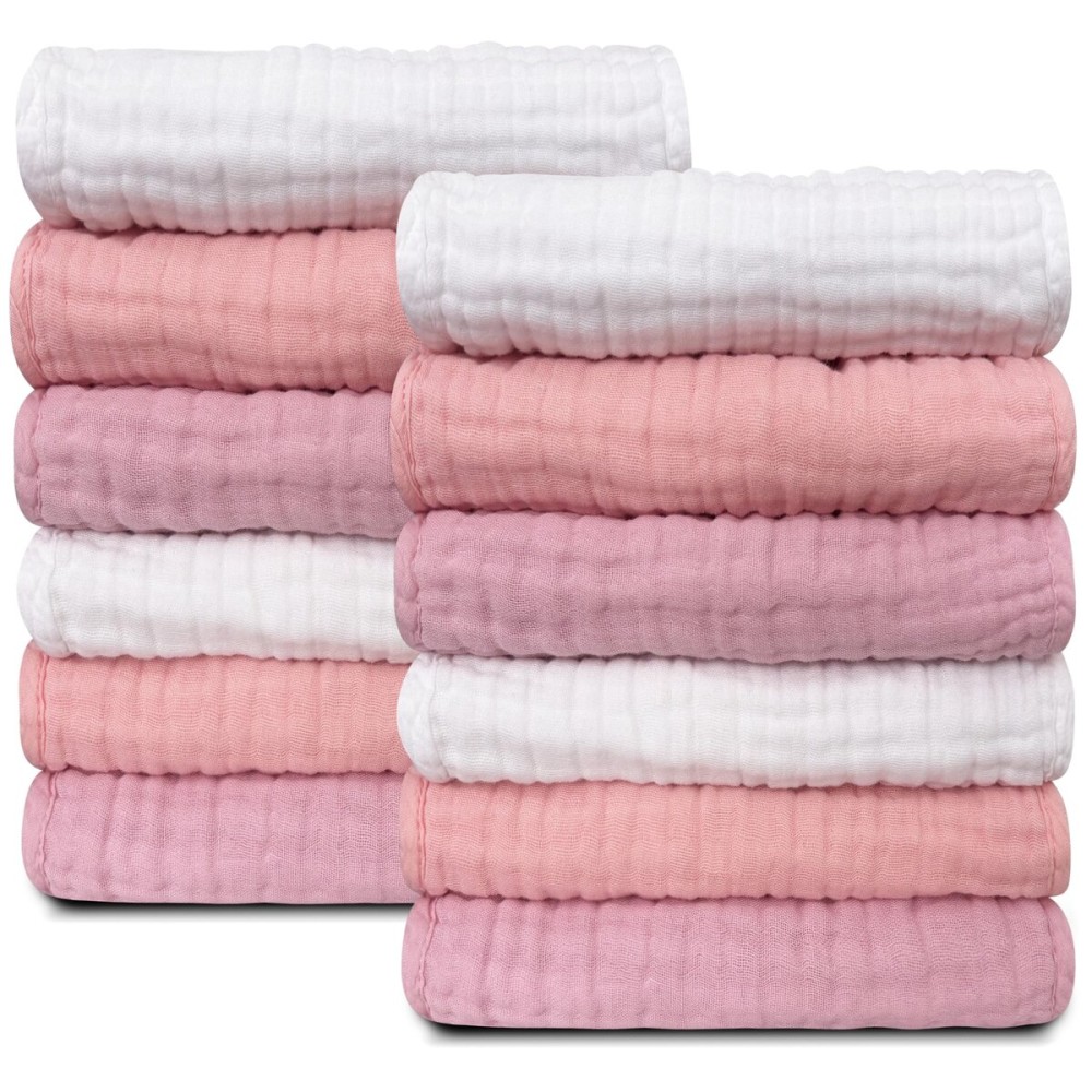 Sunny zzzZZ Baby Muslin Washcloths -100% Cotton Muslin Soft Baby Bath Wash Cloths and Absorbent Burp Cloths for Newborns Kids Girls and Boys -12 Pack, 12x12 Inches - White+Light Sakura Series