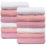 Sunny zzzZZ Baby Muslin Washcloths -100% Cotton Muslin Soft Baby Bath Wash Cloths and Absorbent Burp Cloths for Newborns Kids Girls and Boys -12 Pack, 12x12 Inches - White+Light Sakura Series