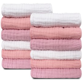 Sunny zzzZZ Baby Muslin Washcloths -100% Cotton Muslin Soft Baby Bath Wash Cloths and Absorbent Burp Cloths for Newborns Kids Girls and Boys -12 Pack, 12x12 Inches - White+Light Sakura Series