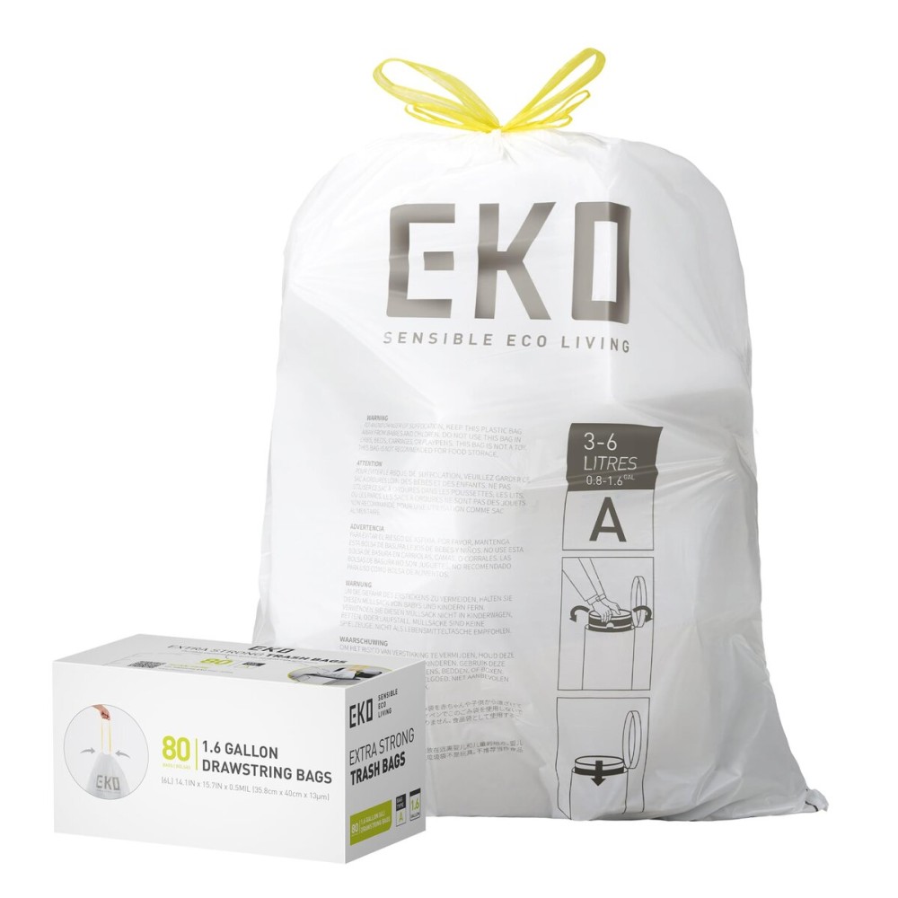 EKO 1.6 Gallon / 3-6 Liter, 80 Count Small Drawstring Trash Bags, Extra-Strong Unscented Garbage Bags, Easy-Dispense Roll for Kitchen & Household Use, Resists Tears, Leaks and Punctures, Code A, White