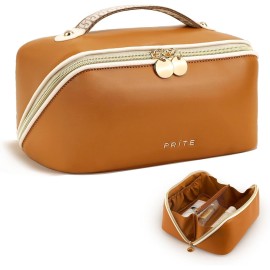 Prite Makeup Bag for Women Travel Waterproof Vegan Leather Cosmetic Bag Open Flat Toiletry Bag With Clear Divider and Handle (Brown)