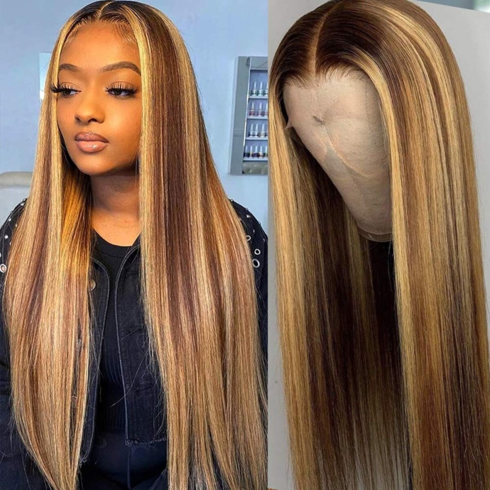 Healthair Ombre Lace Front Wigs Human hair Highlight 4/27 Honey Blonde Lace Front Wig 180% Density Straight Human Hair Wig 13x4 HD Transparent Lace Wigs for Black Women (4/27, 22inch)