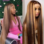Healthair Ombre Lace Front Wigs Human hair Highlight 4/27 Honey Blonde Lace Front Wig 180% Density Straight Human Hair Wig 13x4 HD Transparent Lace Wigs for Black Women (4/27, 20inch)