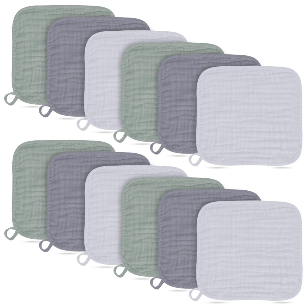 BAMBOO QUEEN Baby Washcloths -100% Cotton Muslin Soft Baby Bath Wash Cloths and Absorbent Baby Wipes for Newborns Kids Girls and Boys - 12 Pack, 12x12 Inches - Grey, Green, Slate