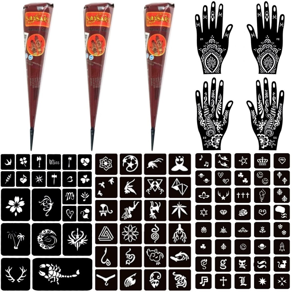 Moricher Temporary Tattoo Kits 3 Henna tattoo cones 101 Stencils Semi Permanent Tattoo Markers Jagua Gel for Women Men Kids DIY Art Painting Party Gifts