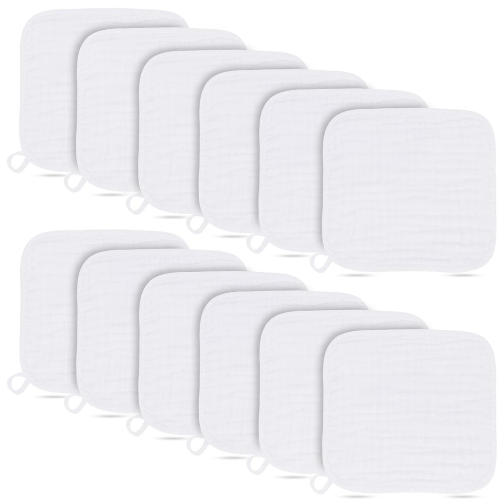BAMBOO QUEEN Baby Washcloths -100% Cotton Muslin Soft Baby Bath Wash Cloths and Absorbent Baby Wipes for Newborns Kids Girls and Boys - 12 Pack, 12x12 Inches - White