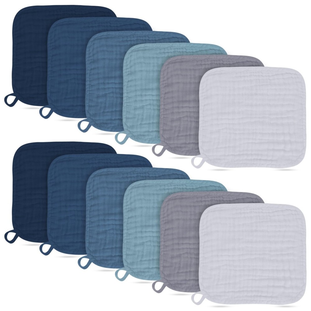 BAMBOO QUEEN Baby Washcloths -100% Cotton Muslin Soft Baby Bath Wash Cloths and Absorbent Baby Wipes for Newborns Kids Girls and Boys - 12 Pack, 12x12 Inches - Slate, Grey, Navy Series