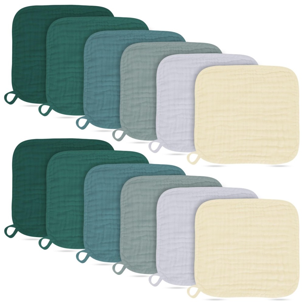 BAMBOO QUEEN Baby Washcloths -100% Cotton Muslin Soft Baby Bath Wash Cloths and Absorbent Baby Wipes for Newborns Kids Girls and Boys - 12 Pack, 12x12 Inches - Ivory, Slate, Emerald Series