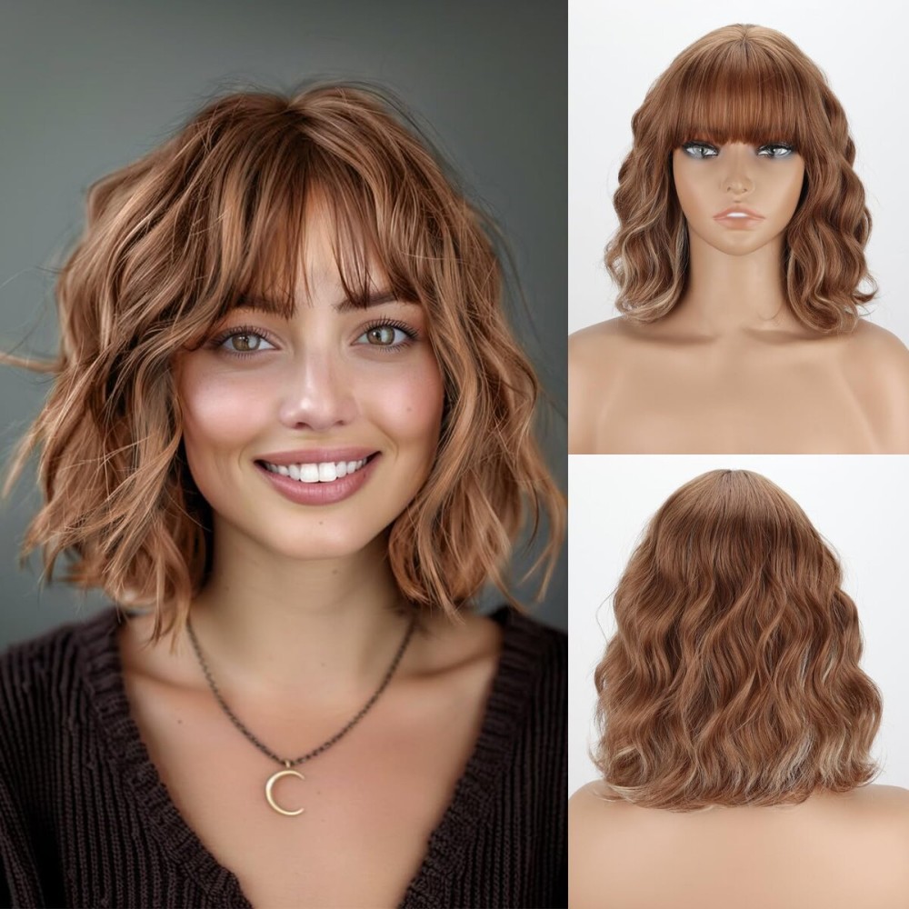 MISSQUEEN Light Brown Wavy Wig with Bangs Short Synthetic Curly Blonde Brown Highlight Wigs Heat Resistant Synthetic Fibre Wigs for Women Girls Daily Party Holiday Festival Chrismas Used