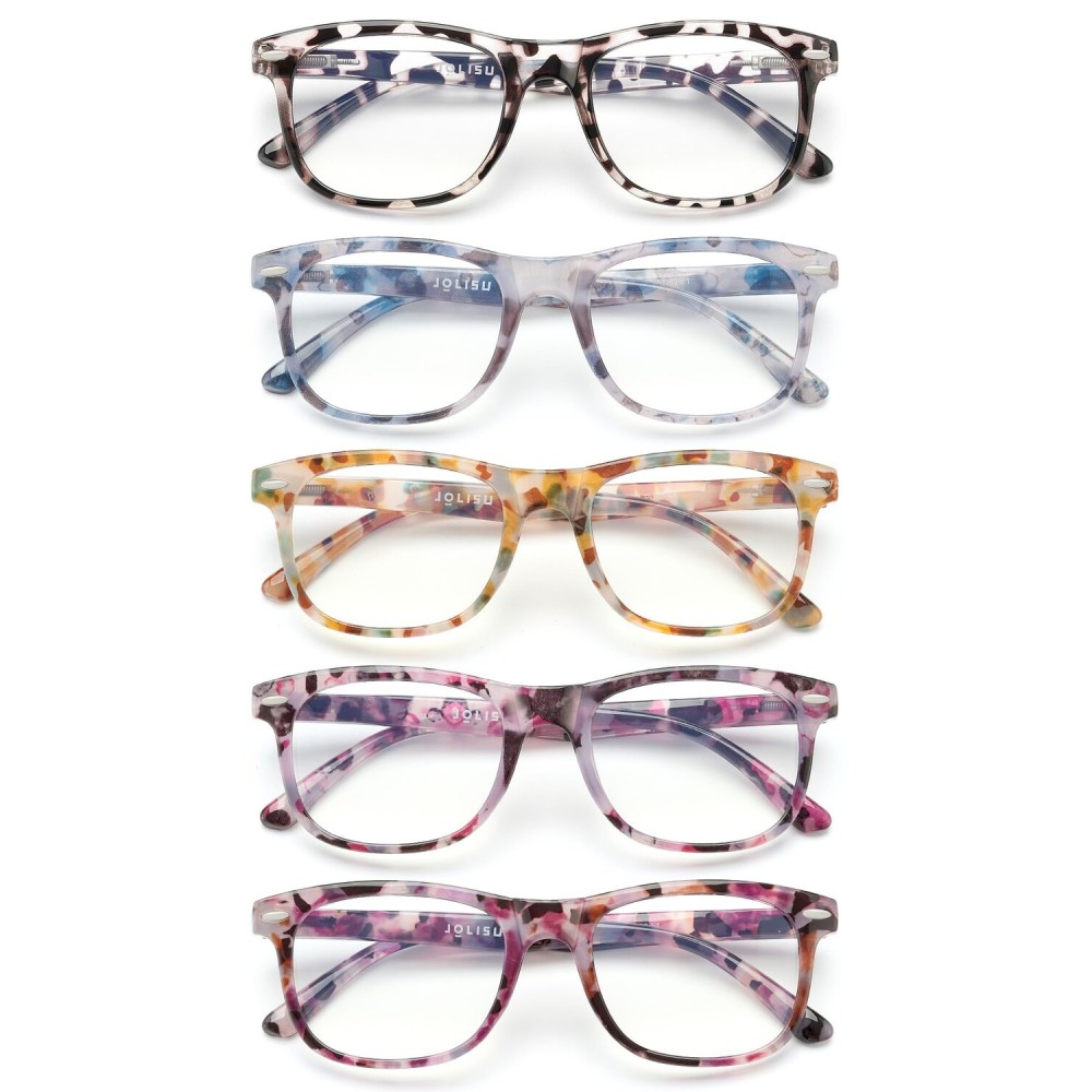 JOLISU 5 Pack Reading Glasses For Women - Stylish Blue Light Blocking Readers -Womens Men Spring Hinge Eyeglasses (0.50)