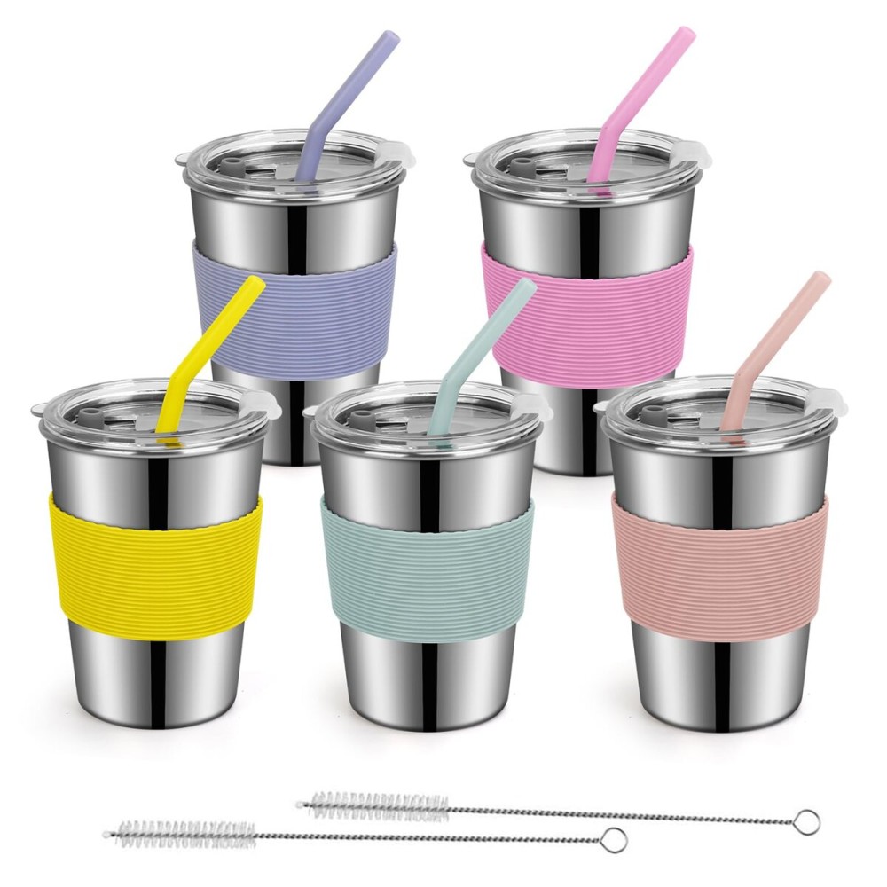 Rommeka Kids Cups with Straws and Lids Spill Proof, 5 Pack 12oz Stainless Steel Sippy Cup with Colorful Silicone Sleeves, Durable Drinking Cups for Kids and Toddlers