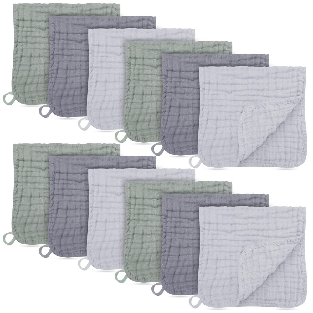 BAMBOO QUEEN 12 Pack Muslin Burp Cloths - Large 20 x 10, Ultra Absorbent 100% Cotton for Baby Drool and Messes - Soft, Gentle Baby Burp Rag for Boys & Girls -Grey, Green, Slate