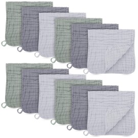 BAMBOO QUEEN 12 Pack Muslin Burp Cloths - Large 20 x 10, Ultra Absorbent 100% Cotton for Baby Drool and Messes - Soft, Gentle Baby Burp Rag for Boys & Girls -Grey, Green, Slate