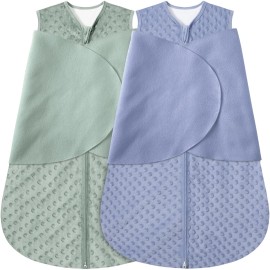 Fleece Newborn Sleep Sack Baby Swaddle,3-Way Adjustable Wearable Blanket,2 Pack Fleece Swaddling Sleeping Bag TOG 2.0 (Blue&Green, 0-3 Months)