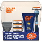 Dollar Shave Club | The Member Exclusive Shave Set | 4 Extra Close Refill Cartridges, 1 Handle (Blue), 1 Shave Butter 3 ounce, 1 Razor Cover, Razors for Men