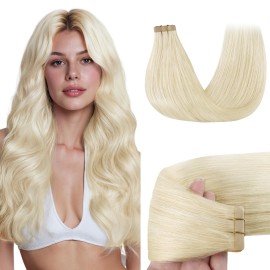 GOO GOO Tape in Hair Extensions Human Hair, 1000 Pure Platinum Blonde, 20inch 50g 20pcs, Skin Weft Seamless Invisible, Silky Straight with Thick Ends, Remy Human Hair