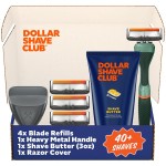 Dollar Shave Club | The Member Exclusive Shave Set | 4 Extra Close Refill Cartridges, 1 Handle (Green), 1 Shave Butter 3 ounce, 1 Razor Cover, Razors for Men