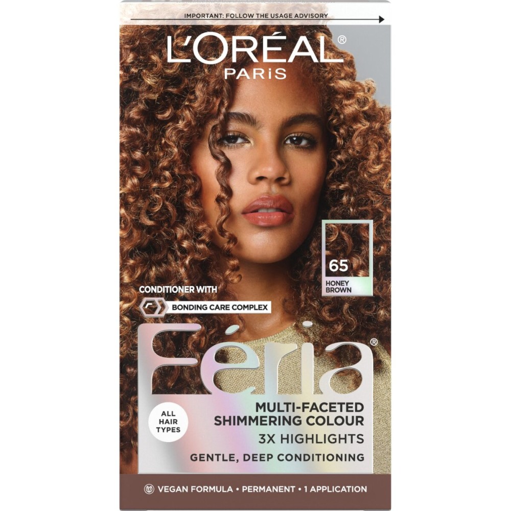 LOreal Paris Feria Multi-Faceted Shimmering Permanent Hair Color, High Intensity Hair Dye for 3X Highlights, 65 Honey Brown (Richest Caramel Brown), 1 Hair Dye Kit