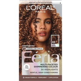 LOreal Paris Feria Multi-Faceted Shimmering Permanent Hair Color, High Intensity Hair Dye for 3X Highlights, 65 Honey Brown (Richest Caramel Brown), 1 Hair Dye Kit