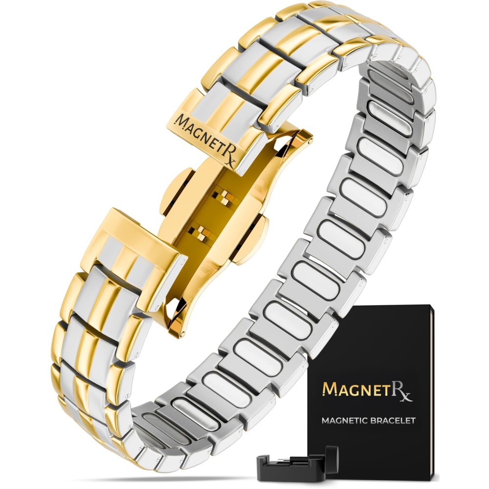 MagnetRX Magnetic Bracelets for Men - EllipseMAX 5X Strength 5,000 Gauss Magnets - Designed in USA & Patent Pending - Premium Titanium Mens Magnetic Bracelet & Adjustable Length (Silver/Gold)