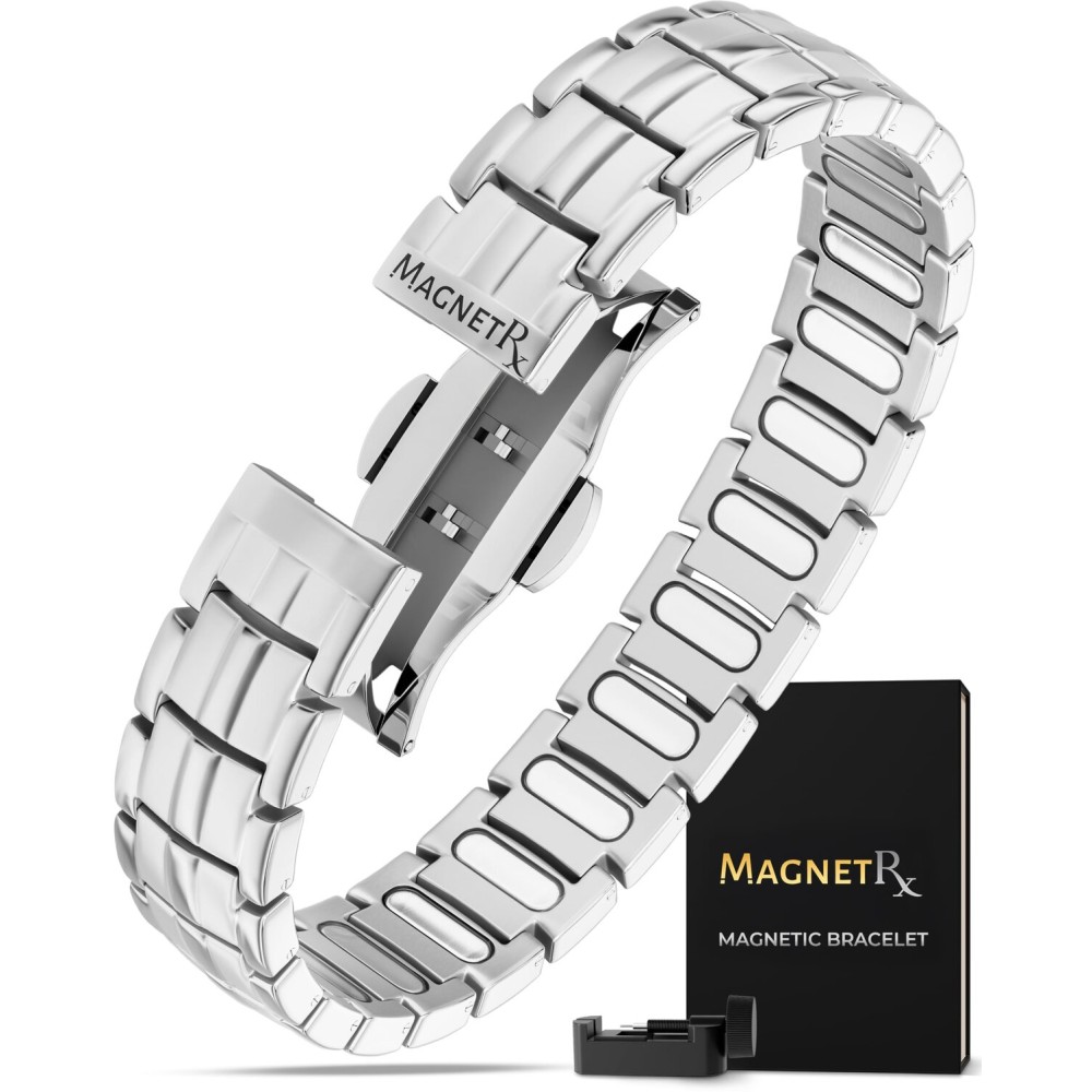 MagnetRX Magnetic Bracelets for Men - EllipseMAX 5X Strength 5,000 Gauss Magnets - Designed in USA & Patent Pending - Premium Titanium Mens Magnetic Bracelet & Adjustable Length (Silver)