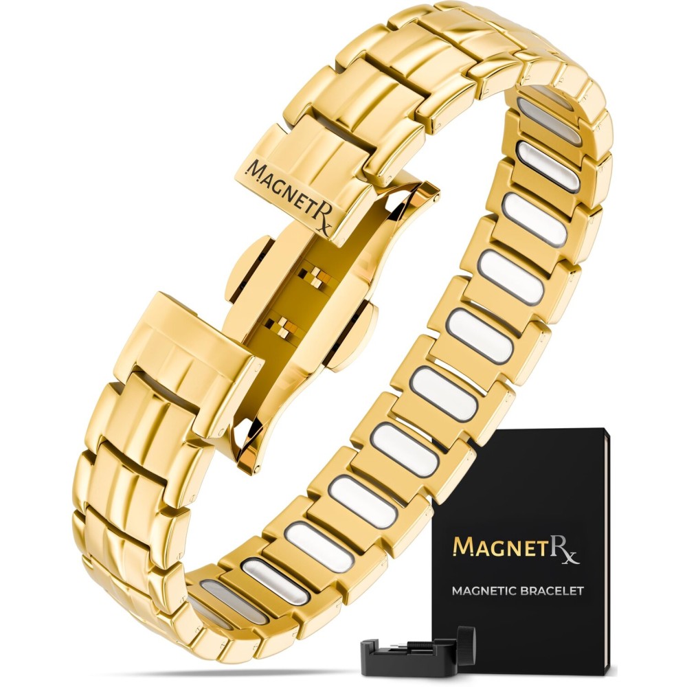 MagnetRX Magnetic Bracelets for Men - EllipseMAX 5X Strength 5,000 Gauss Magnets - Designed in USA & Patent Pending - Premium Titanium Mens Magnetic Bracelet & Adjustable Length (Gold)