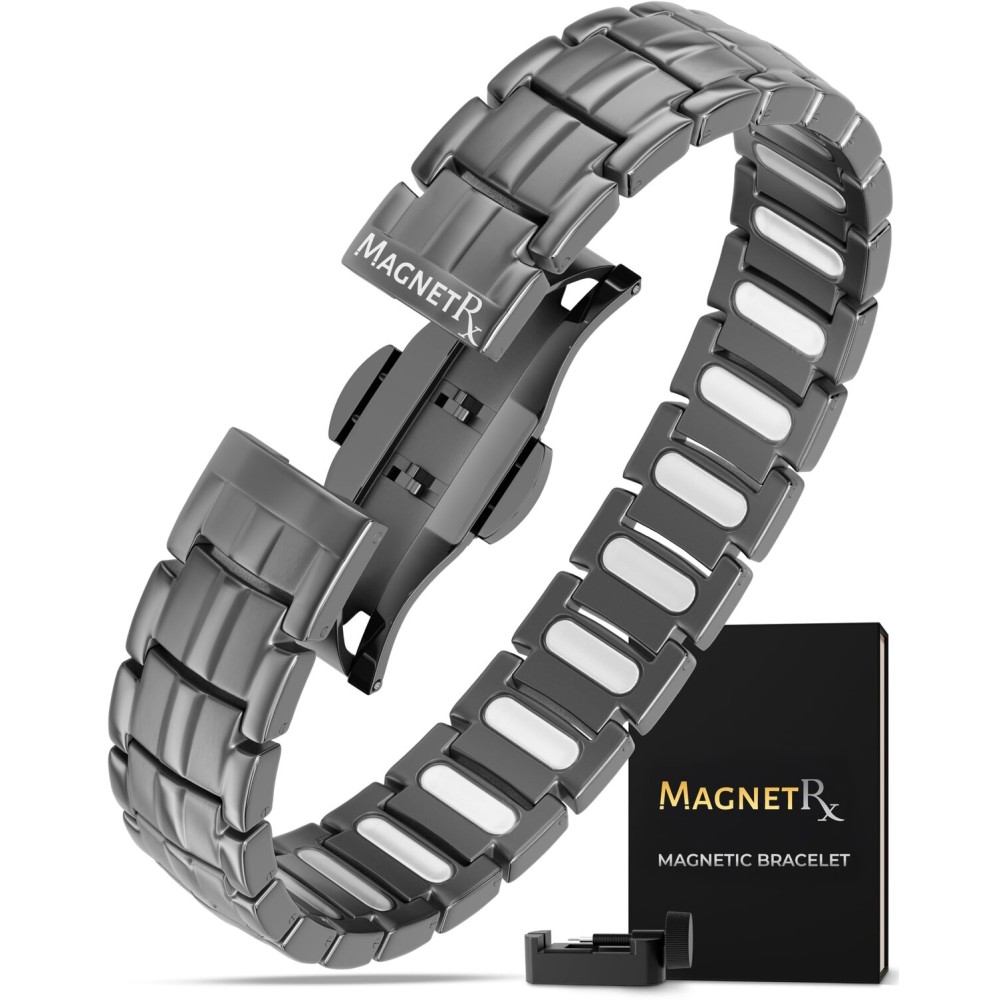 MagnetRX Magnetic Bracelets for Men - EllipseMAX 5X Strength 5,000 Gauss Magnets - Designed in USA & Patent Pending - Premium Titanium Mens Magnetic Bracelet & Adjustable Length (Gunmetal)