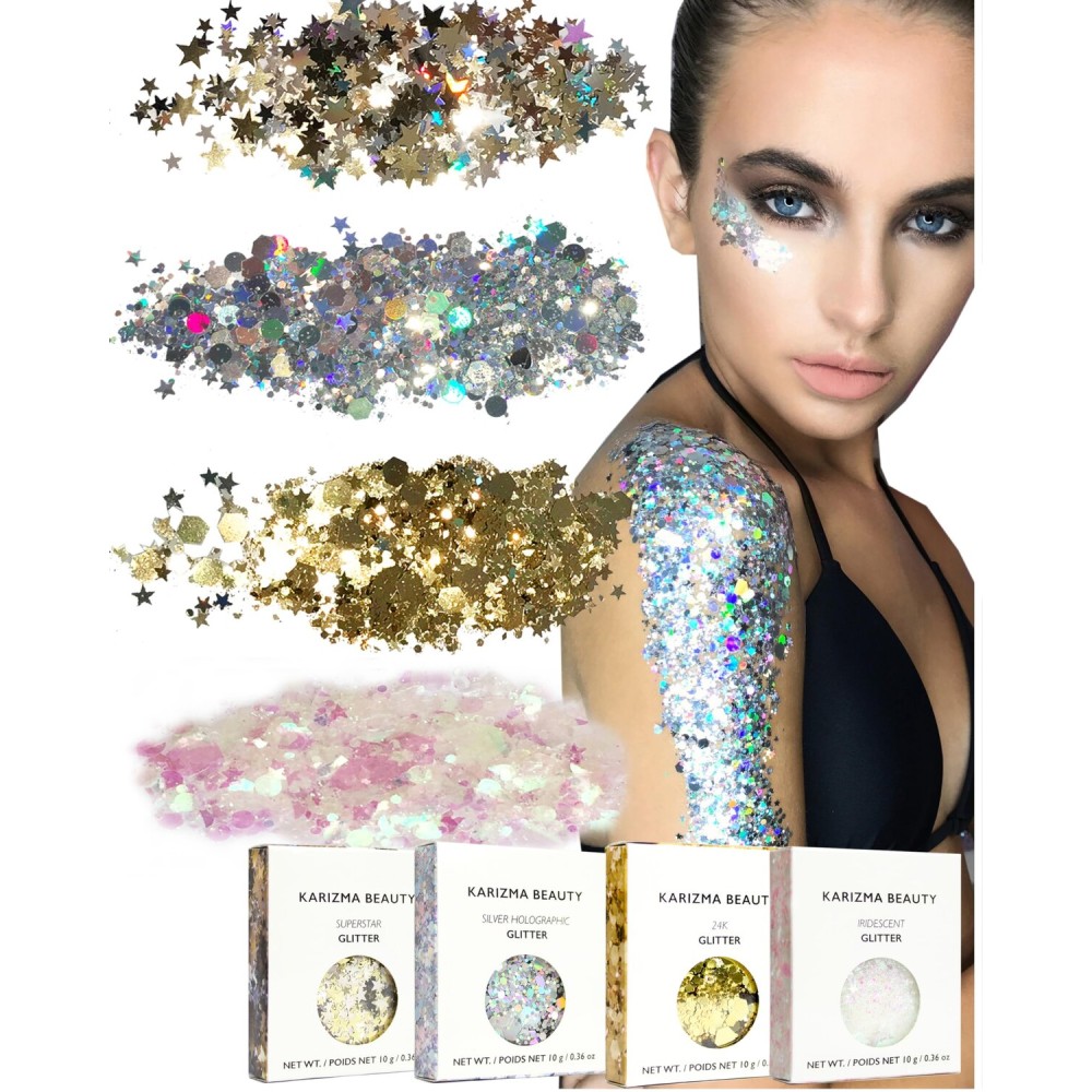KARIZMA Metallic Glitter Pack! 4X 10g Chunky Face Glitter, Hair Glitter, Eye Glitter and Body Glitter for Women and Men. Rave Glitter, Festival Accessories and Cosmetic Glitter Makeup