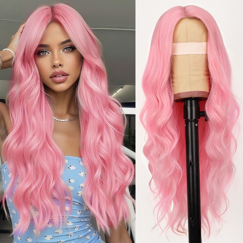AISI HAIR Pink Wig for Women, Long Wavy Lace Hairline Middle Part Synthetic Wig for Daily Party-26 Inch
