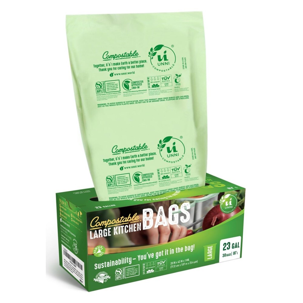 UNNI Compostable Trash Bags, 20-23 Gallon / 87 Liter, 30 Count, Extra Thick 1.0 mil Large Bin Liners for Food Scrap, BPI, CMA & OK compost HOME Certified, Meets ASTM D6400