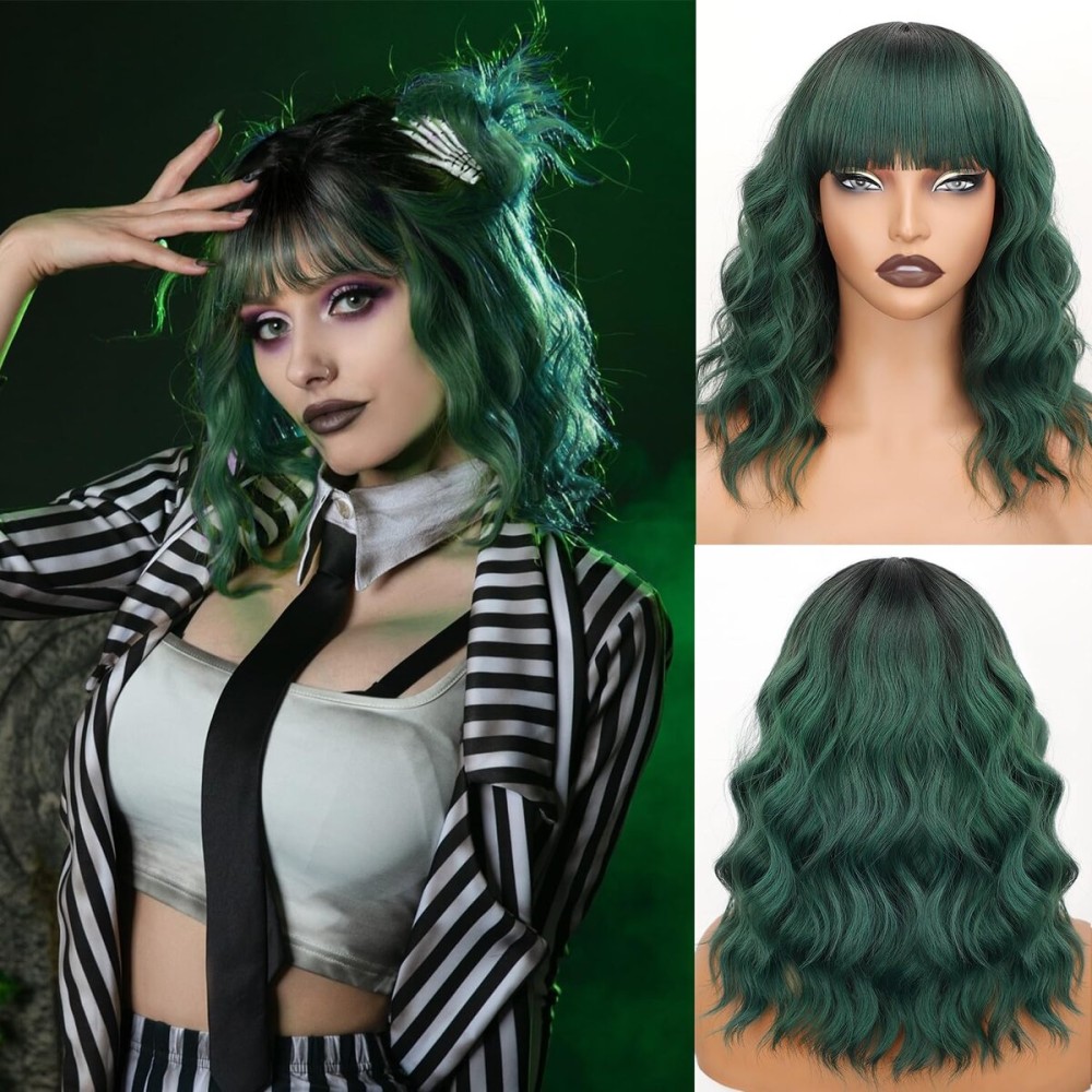 Nnzes Ombre Green Wigs with Bangs for Women Short Bob Synthetic Wigs Shoulder Length Wavy Heat Resistant Hair for Daily Party Use