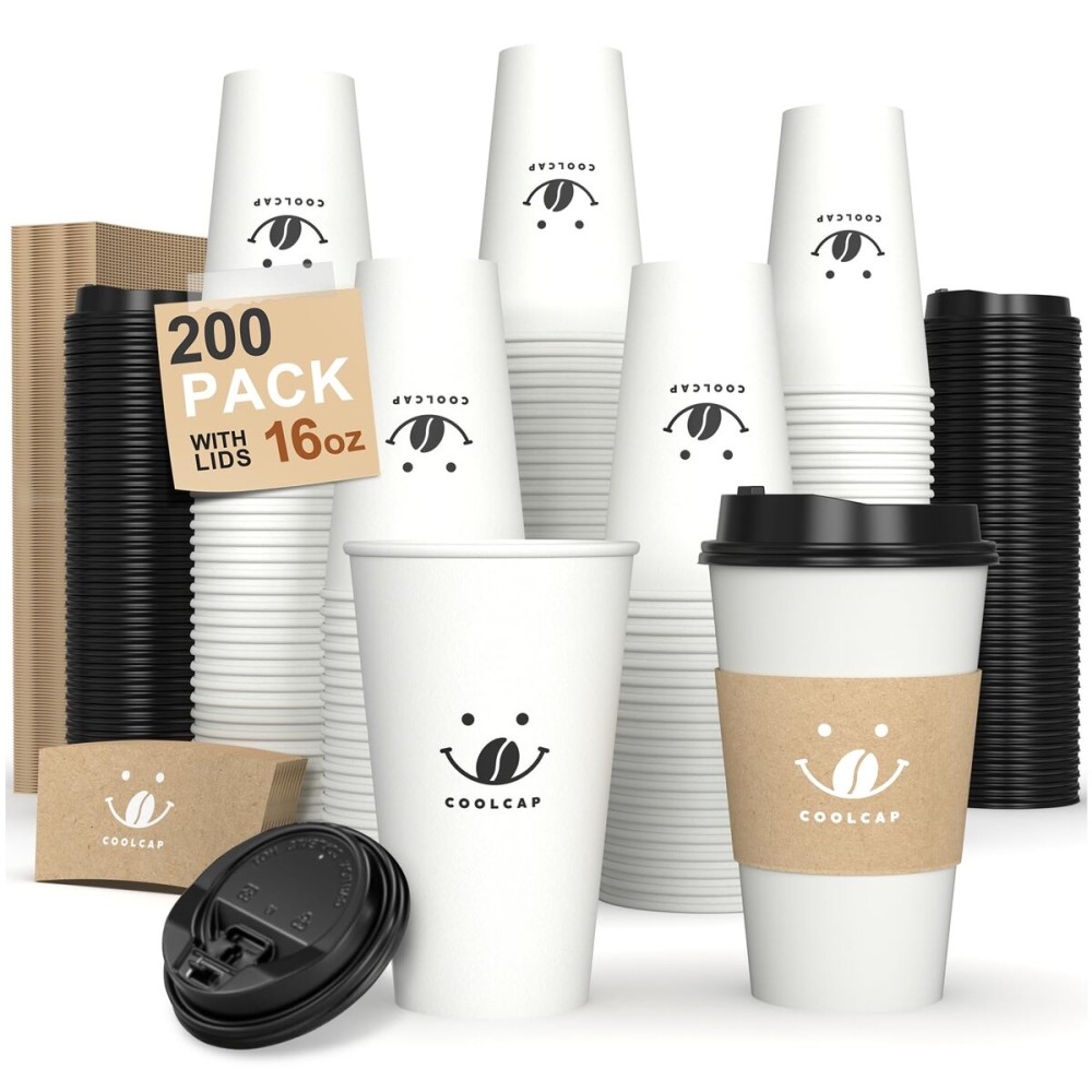 Coolcap Coffee Cups with Lids and Sleeves, 16 Ounce 200 pack To Go Coffee Cups with Lids, Paper Hot Cups for Hot & Cold Beverage (White, 16 Ounce)