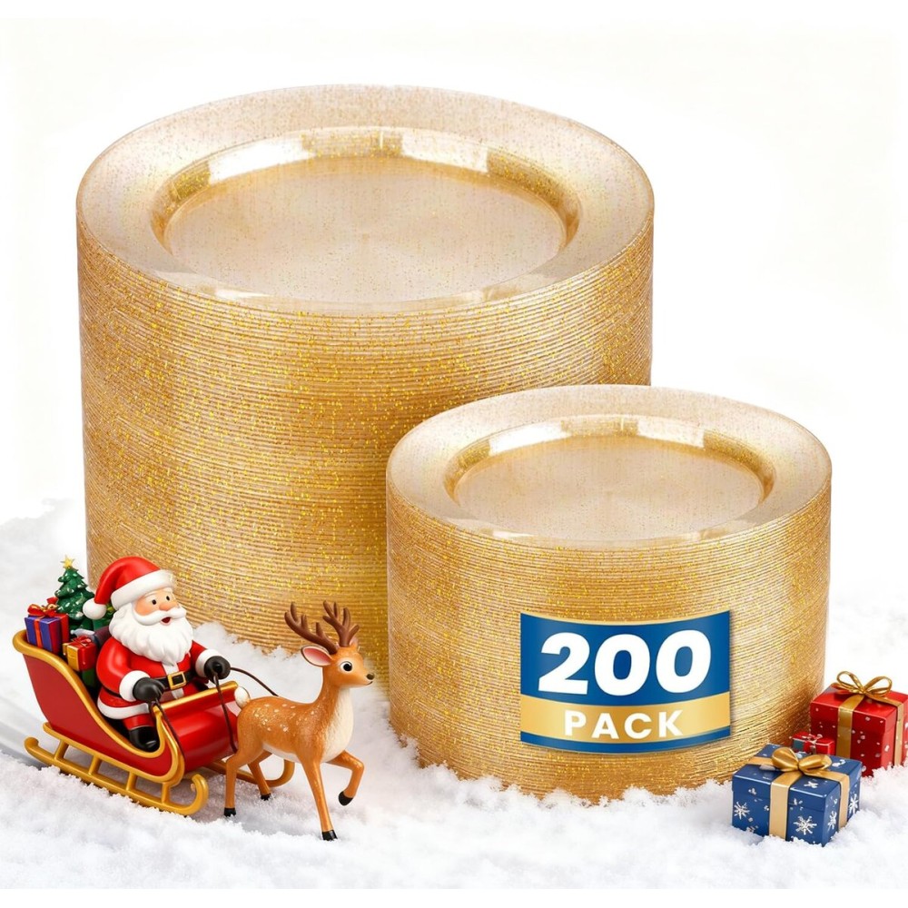 WDF 200PCS Gold Plastic Plates - Gold Glitter Plastic Plates - Heavy Duty Gold Glitter Disposable Plates - Include 100 Dinner Plates 10 and 100 Dessert Plate 7 for Thanksgiving Parties/Wedding
