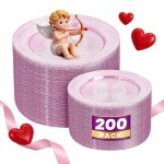 WDF 200PCS Pink Plastic Plates - Rose Gold Glitter Plastic Plates - Heavy Duty Pink Glitter Disposable Plates for Parties/Wedding/Valentine\'s Day