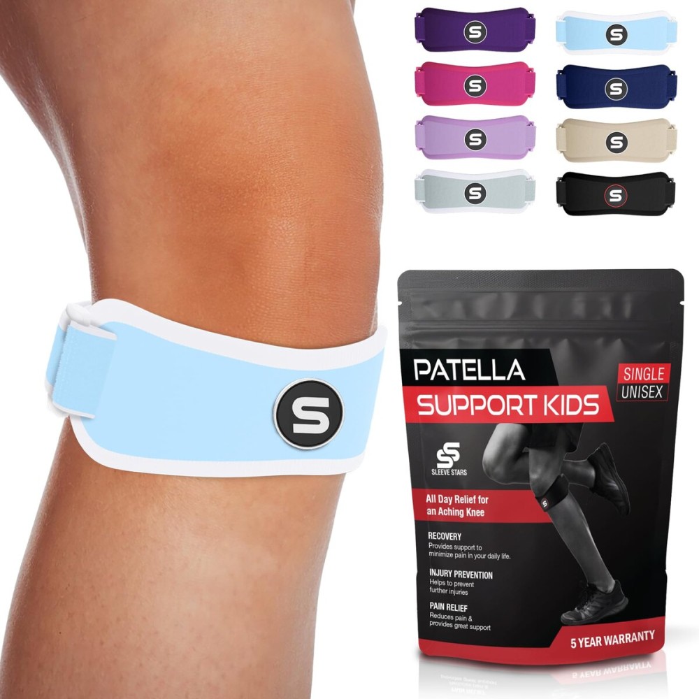 Sleeve Stars Swedish Brand Patellar Tendon Support Strap for Women & Men Effective Osgood Schlatter Knee Brace Youth & Kids Knee Brace with 3 Adjustable Length fits 7-15 (Single/Light Blue/Kids)