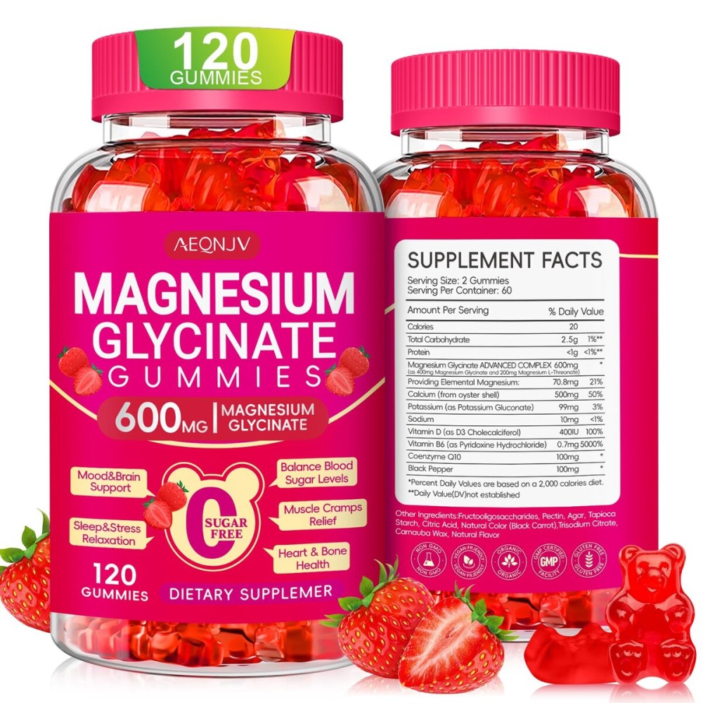 Magnesium Glycinate Gummies 600mg, Chewable Sugar Free Potassium Magnesium Gummies with Magnesium Glycinate, Vitamin D, B6 and CoQ10 for Sleep, Relaxation, Brain and Muscle, 60 Days Supply