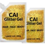 Face, Body & Hair Glitter Gel - Halloween Glitter for Kids and Women - 3 Oz Cosmetic-Grade Gel w/Moon & Stars for Festivals & Halloween Party, Easy Apply & Wash Off - Gold 2Pack