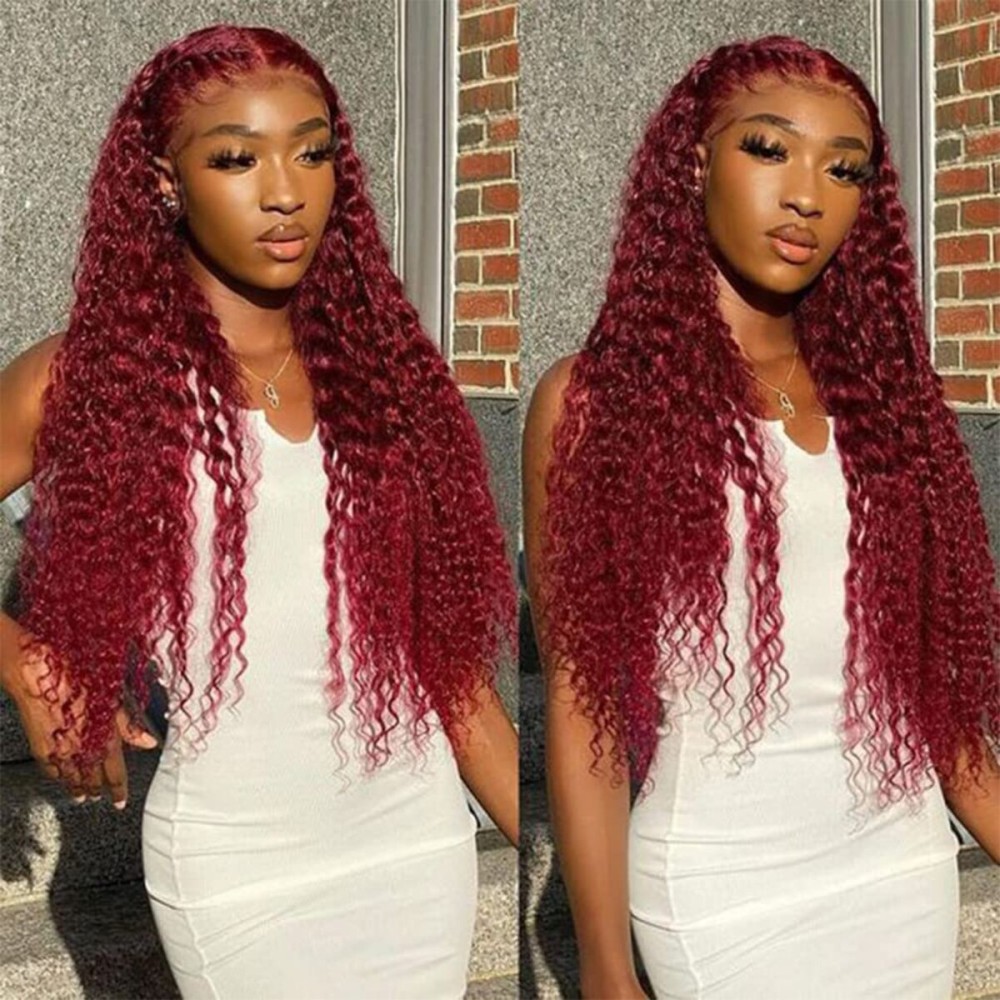 Bugtum Burgundy Lace Front Wigs Human Hair 99j Deep Wave Curly 13x4 Hd Lace Frontal Wigs for Black Women Human Hair Pre Plucked Wet and Wavy Red Colored 16 Inch