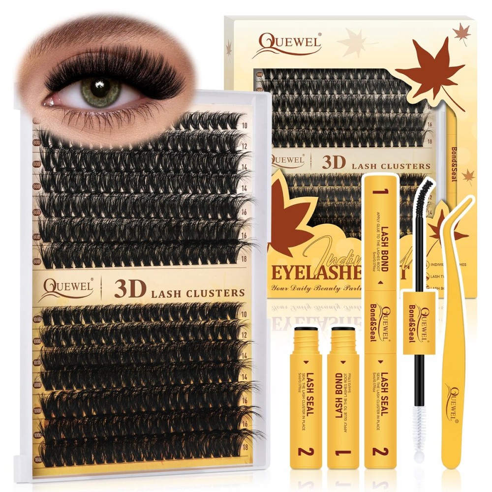 QUEWEL Lash Clusters Kit, 280Pcs 80D+100D 3D Lash Cluster Eyelash Extensions 10-18mm Lash Clusters Kit with Lash Bond and Seal and Lashes Tweezers Easy DIY at Home (80+100D 3D Kit)