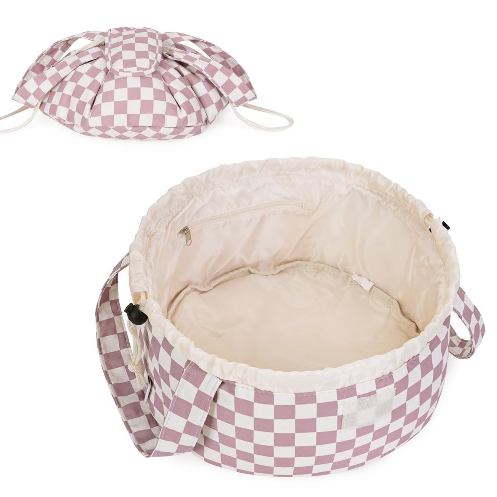 Narwey Barrel Drawstring Checkered Makeup Bag Large Cosmetic Bag Make up Bags Toiletry Bag Travel Bags for Toiletries Organizer for Women Gift for Teen Girls (Dusty Pink Checkerboard) (Patent)