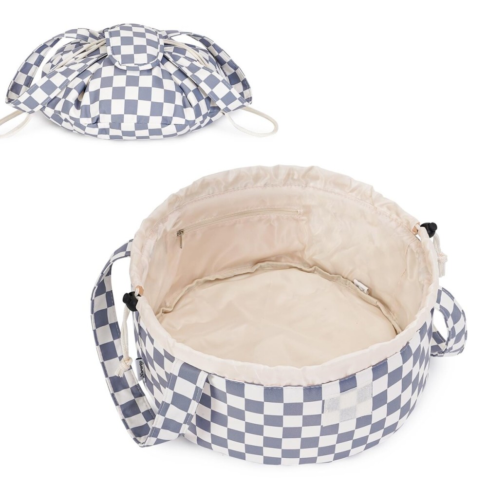 Narwey Barrel Drawstring Checkered Makeup Bag Large Cosmetic Bag Make up Bags Toiletry Bag Travel Bags for Toiletries Organizer for Women Gift for Teen Girls (Grayish Blue Checkerboard) (Patent)