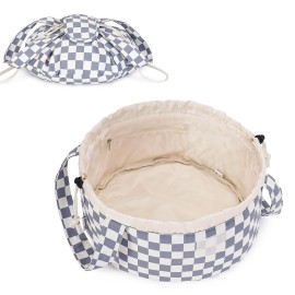 Narwey Barrel Drawstring Checkered Makeup Bag Large Cosmetic Bag Make up Bags Toiletry Bag Travel Bags for Toiletries Organizer for Women Gift for Teen Girls (Grayish Blue Checkerboard) (Patent)