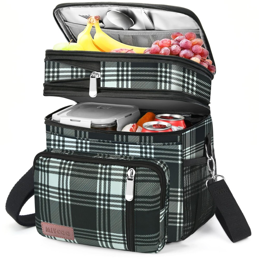 MIYCOO Lunch Bag & Lunch Box for Women Men, Double Deck Leakproof Insulated Soft Large Adult Camping Cooler bag for Work, Beach, Picnic, Travel (Checkered Black and White, 15L)