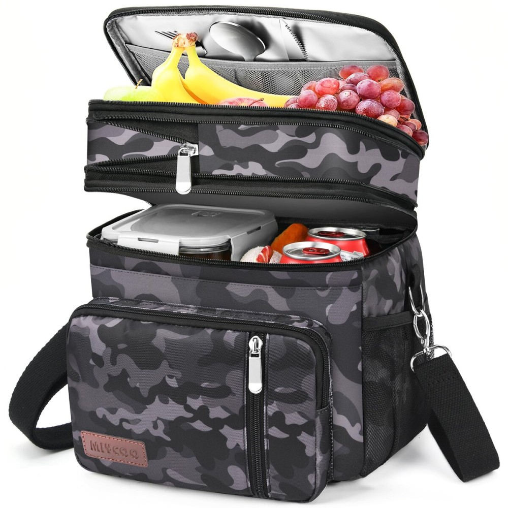 MIYCOO Lunch Bag & Lunch Box for Men Women, Double Deck Leakproof Insulated Soft Large Adult Camping Cooler bag for Work, Beach, Picnic, Travel (Black Camo, 15L)