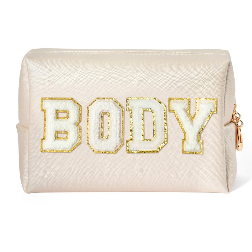 Y1tvei Body Parts Makeup Bag - Preppy Patch White Body Chenille Varsity Letter Cosmetic Bag, PU Leather Waterproof Portable Toiletry Bag, Zipper Pouch Travel Cosmetic Organizer for Women(Shell Gold)